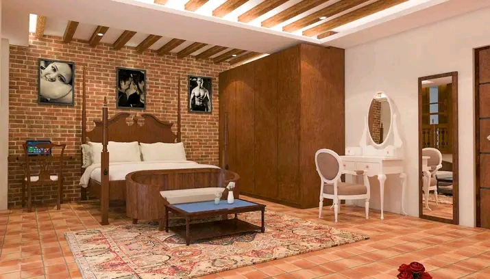 (Cozy Bedroom with Brick and Wood Harmony)